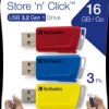 USB stick, 16 GB, with sliding mechanism, USB 3.2, red/blue/yellow, Verbatim 49306
