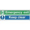 Znak wyjścia, Poliester winylowy, Niebieski/zielony/biały, Emergency Exit, Keep Clear, Angielski, Opis: Nie zastawiać