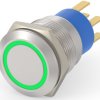 Vandal-proof pushbutton, 2 pole, silver, illuminated  (green), 0.4 A/250 VAC, mounting Ø 19.2 mm, IP67, 5-2213767-4
