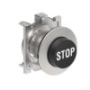 Metalowy przycisk płaski fi30mm wystający samoczynny powrót z symbolem STOP Czarny LPFB2132