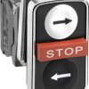 Triple pushbutton, labeled arrow/STOP/arrow, unlit, 1 Form A (N/O) + 1 Form B (N/C) + 1 Form A (N/O), waistband rectangular, bla