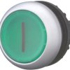 Pushbutton, illuminable, groping, waistband round, green, front ring silver gray, mounting Ø 22.5 mm, 216938