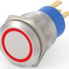 Vandal-proof pushbutton, 1 pole, silver, illuminated  (red), 0.4 A/250 VAC, mounting Ø 19.2 mm, IP67, 2213767-6