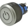 Przełącznik; przyciskowy; LAS1-AWY-11T/BL/12V; ON-(ON); srebrny stalowy; podświetlenie LED 12V; niebieski; do lutowania; 2 pozyc