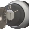 Key switch, unlit, latching, waistband round, black, front ring silver gray, 60°, trigger position 0, mounting Ø 22.5 mm, 111776