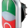 Double pushbutton, illuminable, groping, waistband oval, green/red, front ring silver gray, mounting Ø 22.5 mm, 216700