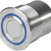 Vandal-proof pushbutton, 1 pole, silver, illuminated  (blue), 0.125 A/48 V, mounting Ø 30 mm, IP65, 1241.6404