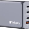 Verbatim GNC-240 GaN Ładowarka podróżna 240 W 1x USB-A, 3x USB-C® Power Delivery, USB PD 3.1, QC 3.0 szary GaN, z adapte
