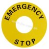 A22Z-3466-1 okrągła tabliczka (średnica zew. 60mm, wewnętrzna 22,2mm), napis EMERGENCY STOP czarny napis na żółtym tle, OMRON, A