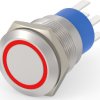 Vandal-proof pushbutton, 2 pole, silver, illuminated  (red), 5 A/250 VAC, mounting Ø 19.2 mm, IP67, 4-2213767-5