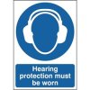 Znak nakazu, Poliester winylowy, Niebieski, biały, Hearing Protection Must Be Worn-Tekst Angielski, Tak Znak