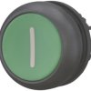 Pushbutton, unlit, groping, waistband round, green, front ring black, mounting Ø 22.5 mm, 216608