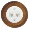 Gniazdo Ethernet Cat.6 x2 okrągłe białe ceramiczne podtynkowe z ramką drewnianą ciemną - Ceramic Loft