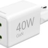 Szybka ładowarka, GaN, 2x USB-C, Super Mini ładowarka, PD, 40 W, biała