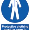 Znak nakazu, Sztywny plastik PP, Niebieski/biały, Protective Clothing Must Be Worn In This Area-Tekst Angielski, Nie