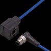 Sensor actuator cable, M12 cable plug, angled, A to valve connector DIN form A, angled, 5 pole/4 pole, 0.3 m, PVC, blue, E10821