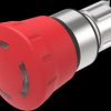 Mushroom pushbutton, rotary release, illuminable, latching, waistband round, red, front ring silver, mounting Ø 22.3 mm, 45-2D36