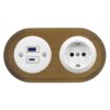 Gniazdo USB A+C 4A + Gniazdo elektryczne okrągłe białe z ramką podwójną ciemne drewno, montaż podtynkowy, Ceramic Loft