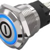Vandal-proof pushbutton switch, silver, illuminated  (blue), mounting Ø 19 mm, IP65/IP67, 82-5151.2124.B001