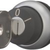 Key switch, unlit, latching, waistband round, black, front ring silver gray, 60°, trigger position 0 + 1, mounting Ø 22.5 mm, 11