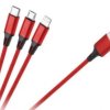 Kabel USB wtyk A - USB typ C + USB micro + Lightning, plecionka, czerwony