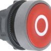 Pushbutton, labeled O, unlit, groping, waistband round, red, front ring light gray, mounting Ø 22 mm, ZB5AA432C0