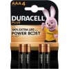 Alkali manganese-battery, 1.5 V, LR03, AAA, round cell, surface contact, DURACELL PLUS POWER BOOST AAA4, package with 4 pieces