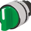 Toggle switch, 2 switching positions, unlit, latching, waistband round, green/white, front ring silver, 90°, mounting Ø 22.3 mm,