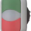 Double pushbutton, illuminable, groping, waistband oval, green/red, front ring silver gray, mounting Ø 22.5 mm, 216698