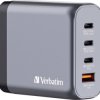 VerbatimŁadowarka GaN 4-portowa 140 W — 2 x USB-C® PD 140 W/1 x USB-C® PD 20 W/1 x USB-A QC 3.0 (UE/Wielka Brytania/US