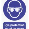 Znak nakazu, Winyl, Niebieski/biały, Eye Protection Must Be Worn-Tekst Angielski, szt. 1, Tak Etykieta