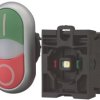 Double pushbutton, illuminable, groping, waistband round, green/red, front ring silver gray, mounting Ø 22.5 mm, 216509