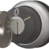 Key switch, unlit, latching, waistband round, black, front ring silver gray, 60°, trigger position 0 + 1, mounting Ø 22.5 mm, 11
