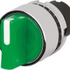 Toggle switch, 2 switching positions, illuminable, latching/groping, waistband round, green/white, front ring silver, 90°, mount