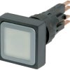 Pushbutton, with light bulb, illuminable, latching, waistband square, white, front ring black, mounting Ø 16 mm, 086447