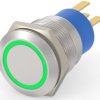 Vandal-proof pushbutton, 1 pole, silver, illuminated  (green), 0.4 A/250 VAC, mounting Ø 19.2 mm, IP67, 1-2213767-4