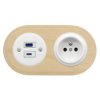 Gniazdo USB A+C 4A + Gniazdo elektryczne okrągłe białe z ramką podwójną jasne drewno, montaż podtynkowy, Ceramic Loft