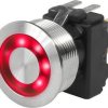 Vandal-proof pushbutton, 1 pole, silver, illuminated  (red), 5 A/125 V, mounting Ø 19.1 mm, IP67, 1241.6624.1121000