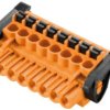 Pin header, 11 pole, pitch 5.08 mm, angled, orange, 1002370000