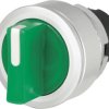 Toggle switch, 2 switching positions, illuminable, latching, waistband round, green/white, front ring silver, 90°, mounting Ø 30