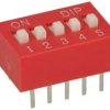 Przełącznik; DIP switch; 5 torów; DIPS5CD; czerwony; przewlekany (THT); h=5,3 + suwak 1,3mm; 25mA; 24V DC; biały; KLS; RoHS