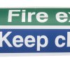 Znak wyjścia, Poliester winylowy, Niebieski/zielony/biały, Fire Exit, Keep Clear, Angielski, Opis: Nie zastawiać