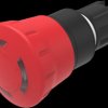 Mushroom pushbutton, rotary release, illuminable, latching, waistband round, red, front ring black, mounting Ø 22.3 mm, 45-2D36.