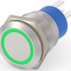 Vandal-proof pushbutton switch, 1 pole, silver, illuminated  (green), 5 A/250 V, mounting Ø 19.2 mm, IP67, 3-2213767-5