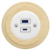 Ładowarka USB A+C 20W okrągła biała ceramiczna podtynkowa z ramką drewnianą jasną - Ceramic Loft