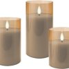 Zestaw trzech świec LED z prawdziwego wosku w słoiku, złoto-przezroczysty