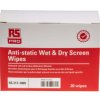 Chusteczki RS PRO Ekrany komputerowe, sprzęt biurowy, plastik, filtry ekranowe Na mokro 20-szt. Chusteczki do ekranów