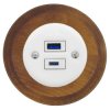 Ładowarka USB A+C 20W okrągła biała ceramiczna podtynkowa z ramką drewnianą ciemną - Ceramic Loft