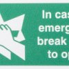 Znak, Poliester winylowy, Green, White, In Case Of Emergency Break Glass To Open-Tekst Angielski, Tak Znak