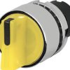 Toggle switch, 2 switching positions, illuminable, latching/groping, waistband round, black/yellow, front ring silver, 90°, moun